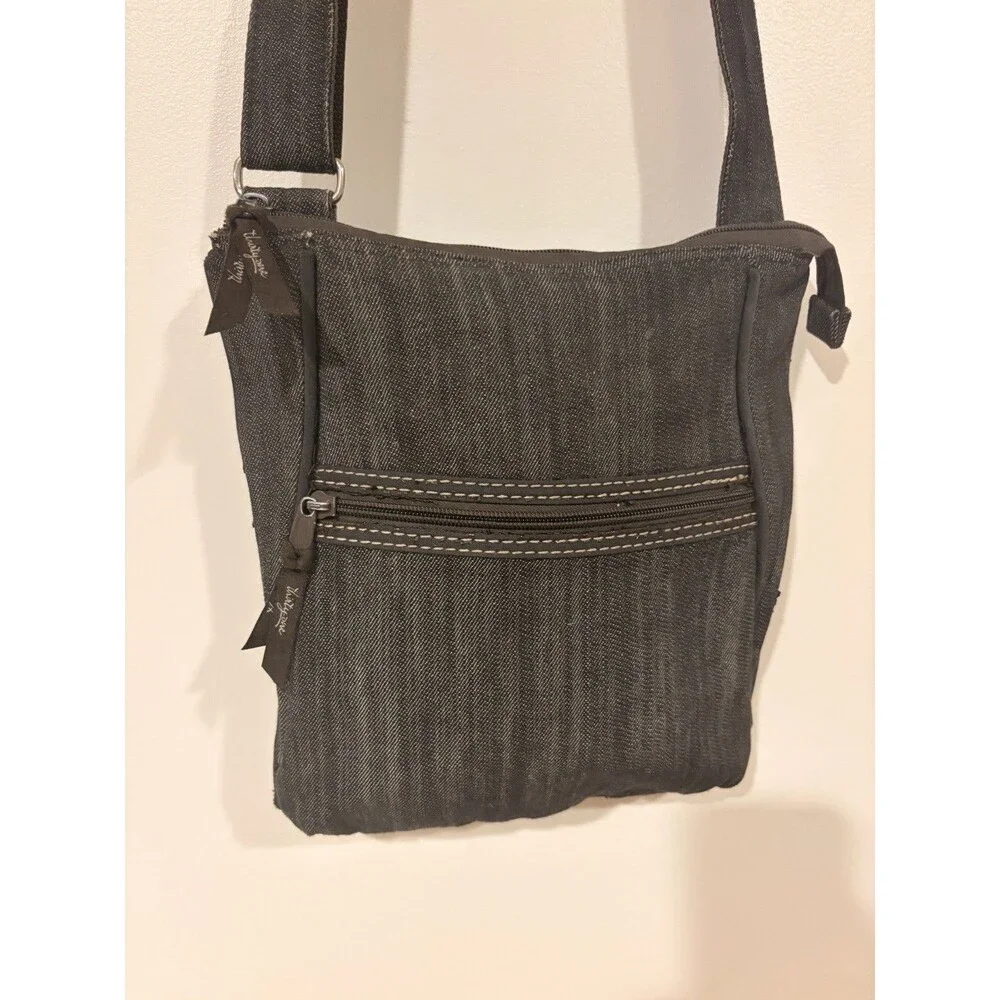 Thirty-One Gray Crossbody Bag, Zip Top, Adjust Strap, Pockets, Striped Lining